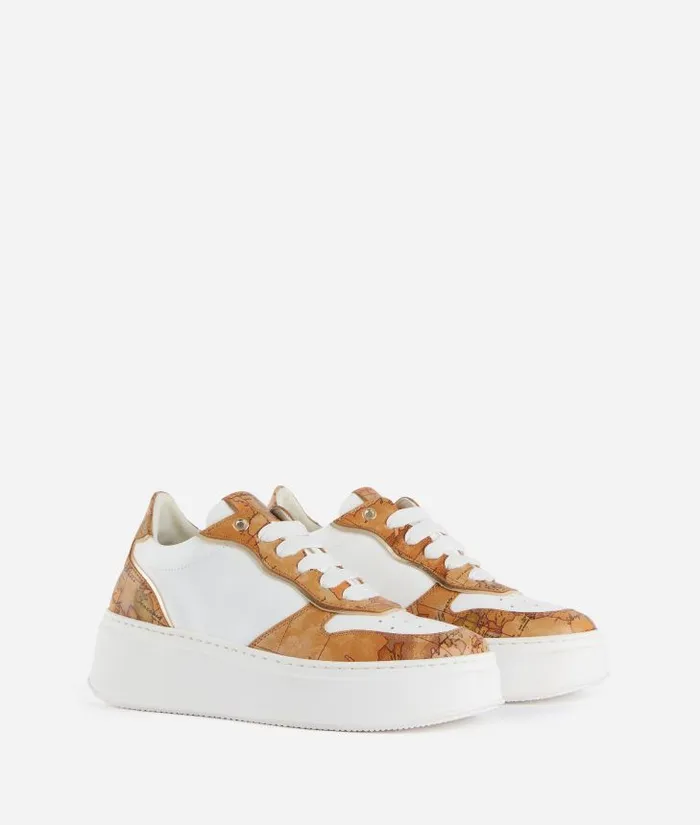 Woman Sneakers Alviero Martini Faux Napa Leather Wedge Sneakers With Geo Classic Details White