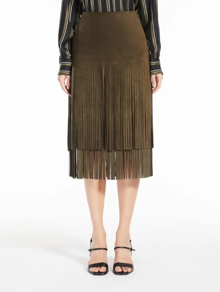 Woman Suede Skirt With Fringe Olive Green Maxmara Skirts