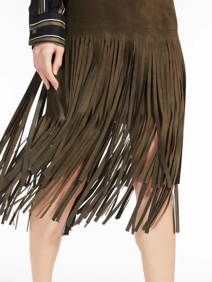 Woman Suede Skirt With Fringe Olive Green Maxmara Skirts Woman Suede Skirt With Fringe Olive Green Maxmara Skirts