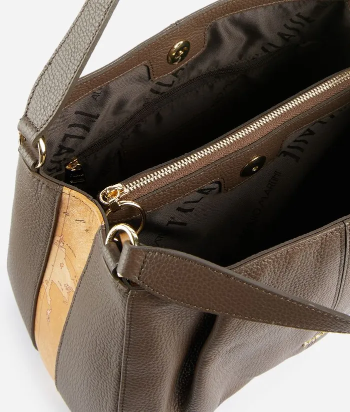 Woman Top Handle Bags Alviero Martini Universe Leather Bowler Bag With Crossbody Strap Dark Taupe
