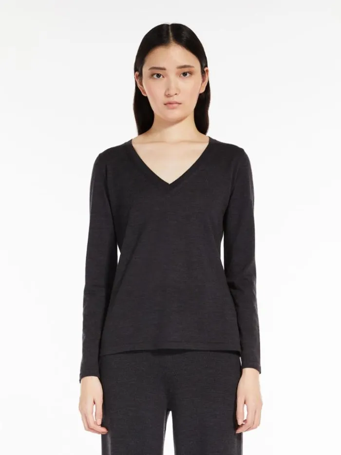 Woman Wool Knit Vneck Jumper Dark Grey Maxmara Knitwear And Sweatshirts