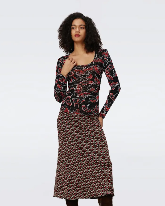 Women Ali Reversible Mesh Top Flutterfly And Tiny Stadium Geo Red DVF Tops