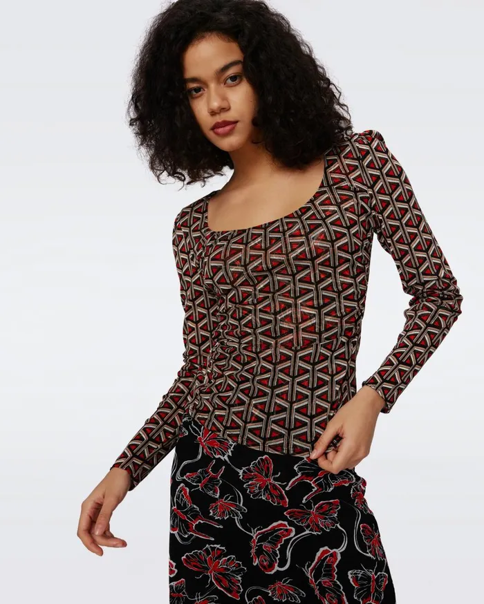 Women Ali Reversible Mesh Top Flutterfly And Tiny Stadium Geo Red DVF Tops