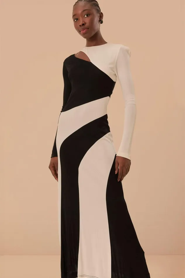 Women Black And White CutOut Long Sleeve Midi Dress Black And White FARM Rio Midi Dresses