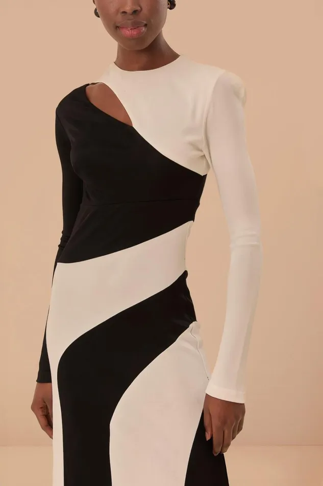 Women Black And White CutOut Long Sleeve Midi Dress Black And White FARM Rio Midi Dresses