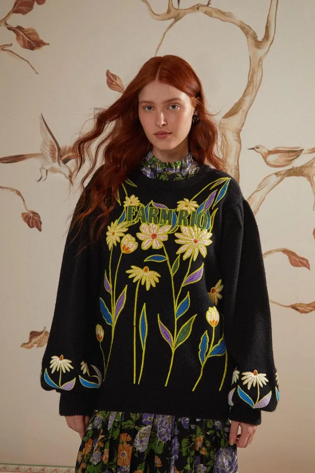 Women Black Farm Rio Flowers Embroidered Knit Sweater Black FARM Rio Sweaters and Sweatshirts