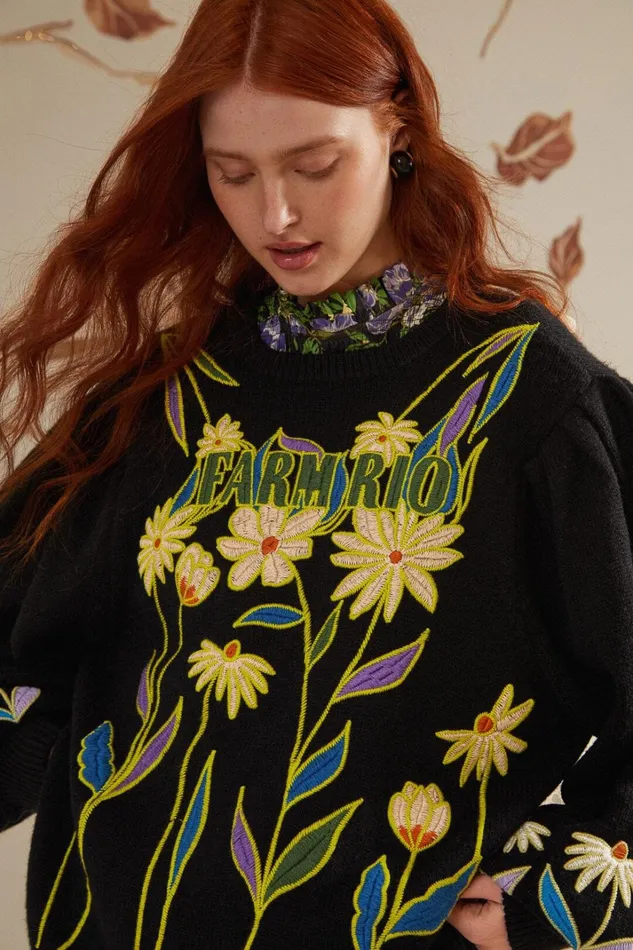 Women Black Farm Rio Flowers Embroidered Knit Sweater Black FARM Rio Sweaters and Sweatshirts