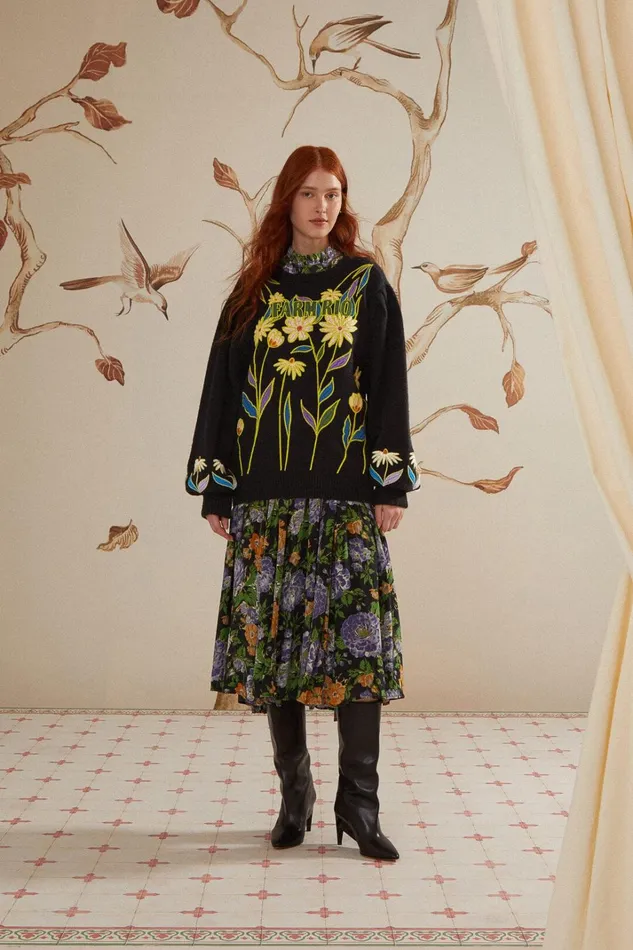 Women Black Farm Rio Flowers Embroidered Knit Sweater Black FARM Rio Sweaters and Sweatshirts
