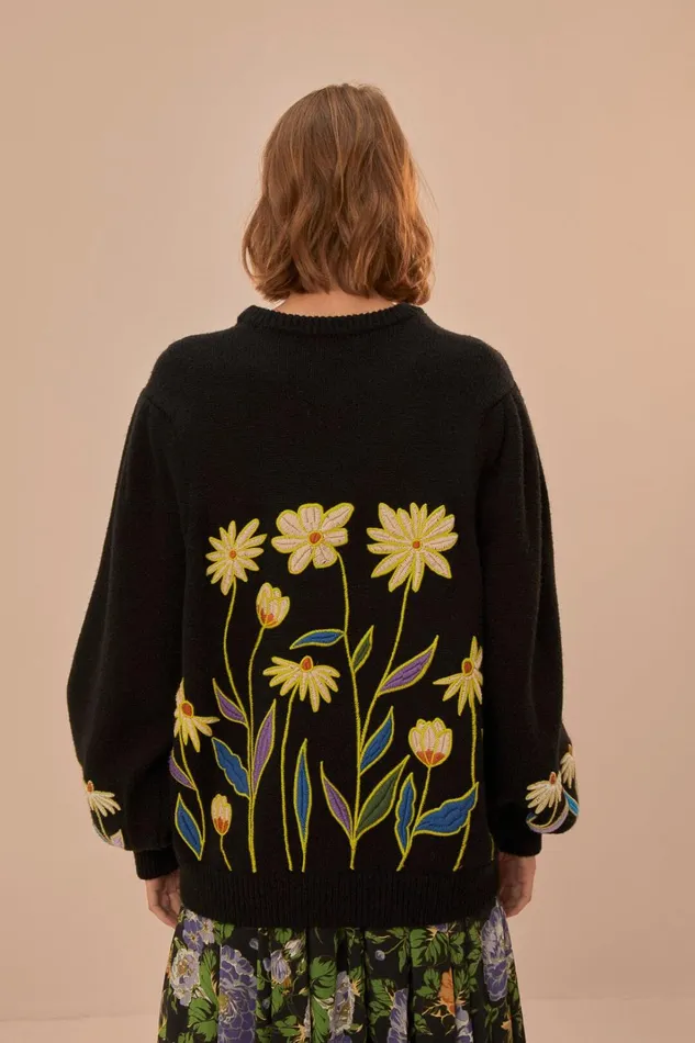 Women Black Farm Rio Flowers Embroidered Knit Sweater Black FARM Rio Sweaters and Sweatshirts