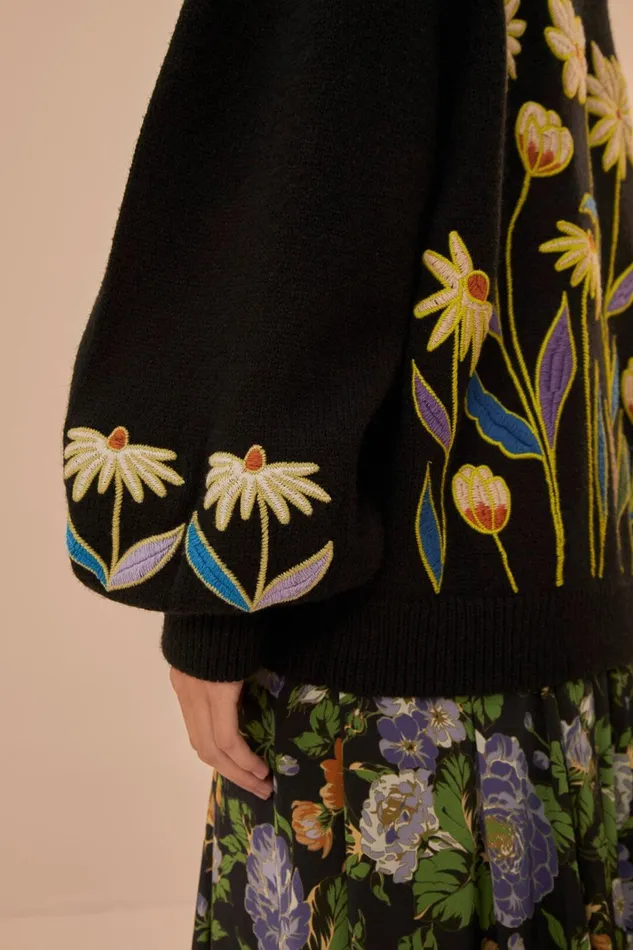 Women Black Farm Rio Flowers Embroidered Knit Sweater Black FARM Rio Sweaters and Sweatshirts