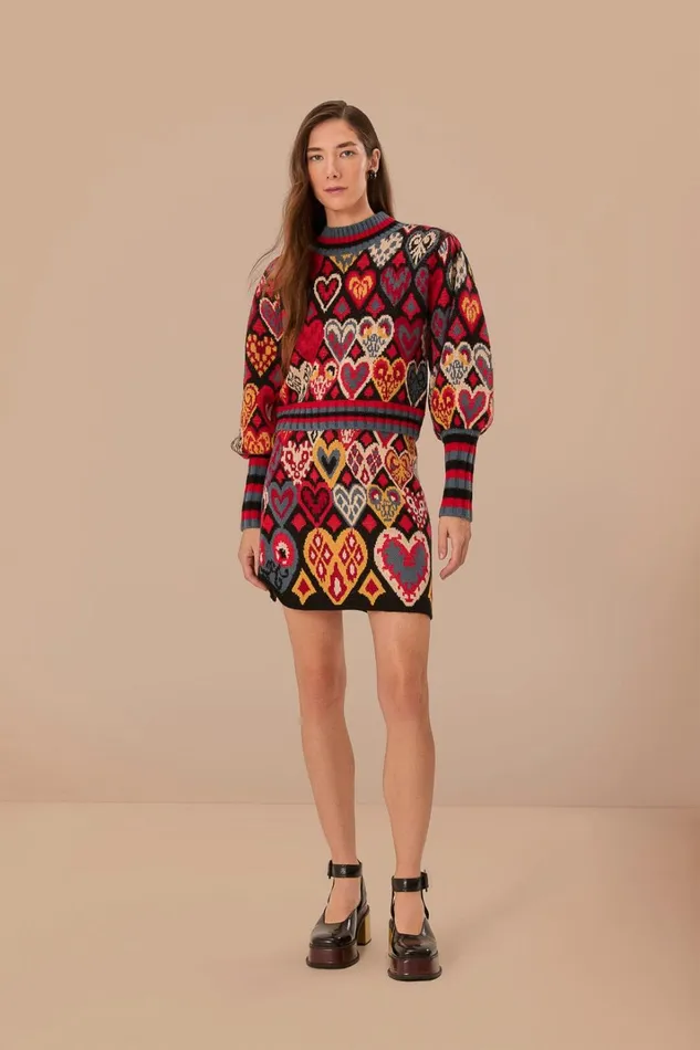 Women Black Hearts Ikat Knit Sweater Hearts Ikat Black FARM Rio Sweaters and Sweatshirts