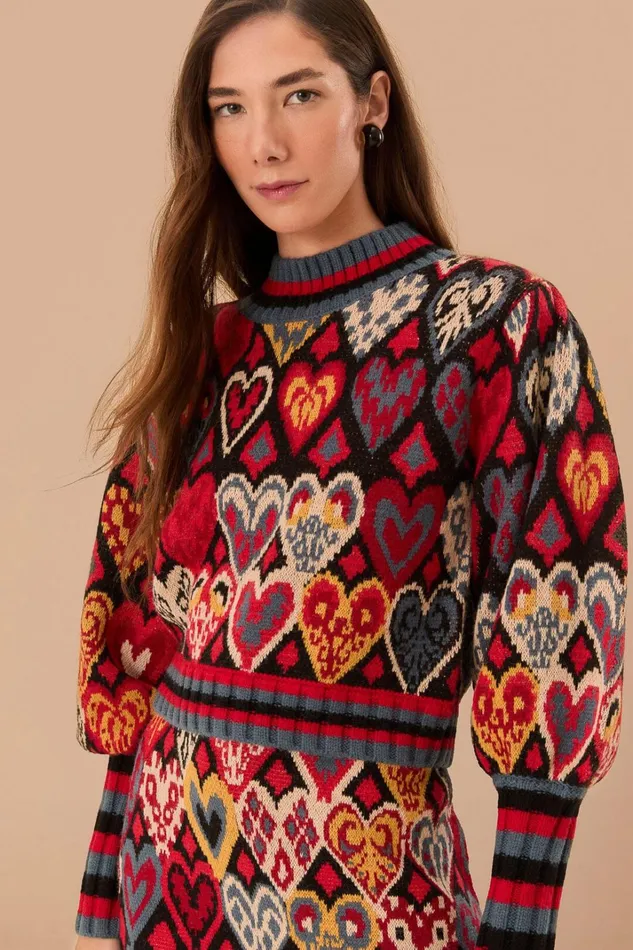 Women Black Hearts Ikat Knit Sweater Hearts Ikat Black FARM Rio Sweaters and Sweatshirts