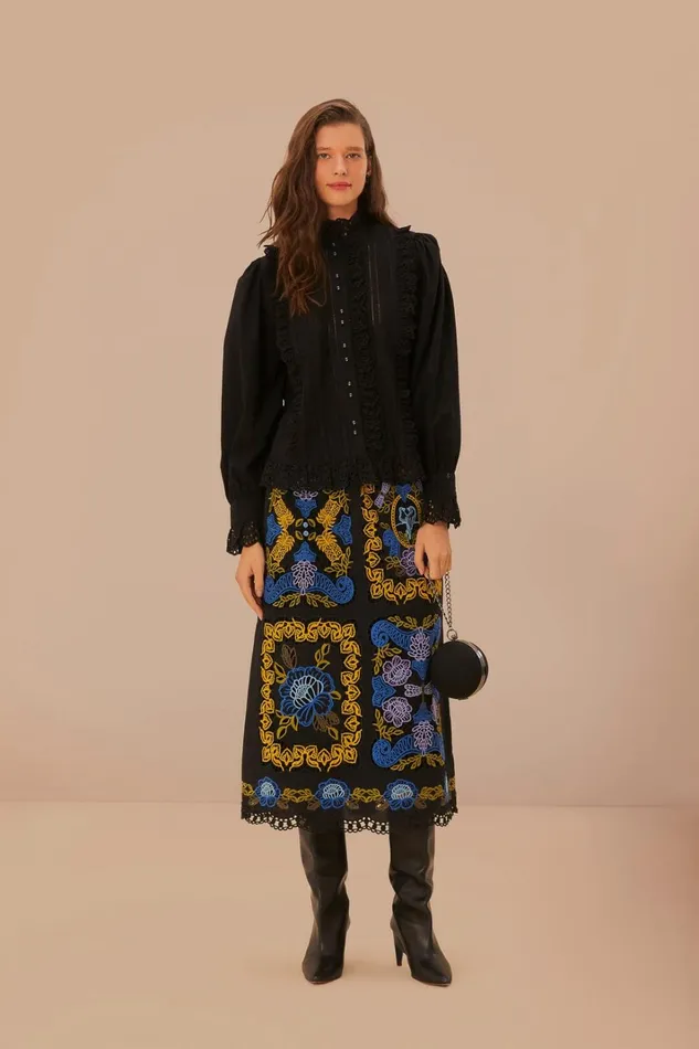 Women Black Lace And Pleat Blouse Black FARM Rio Blouses