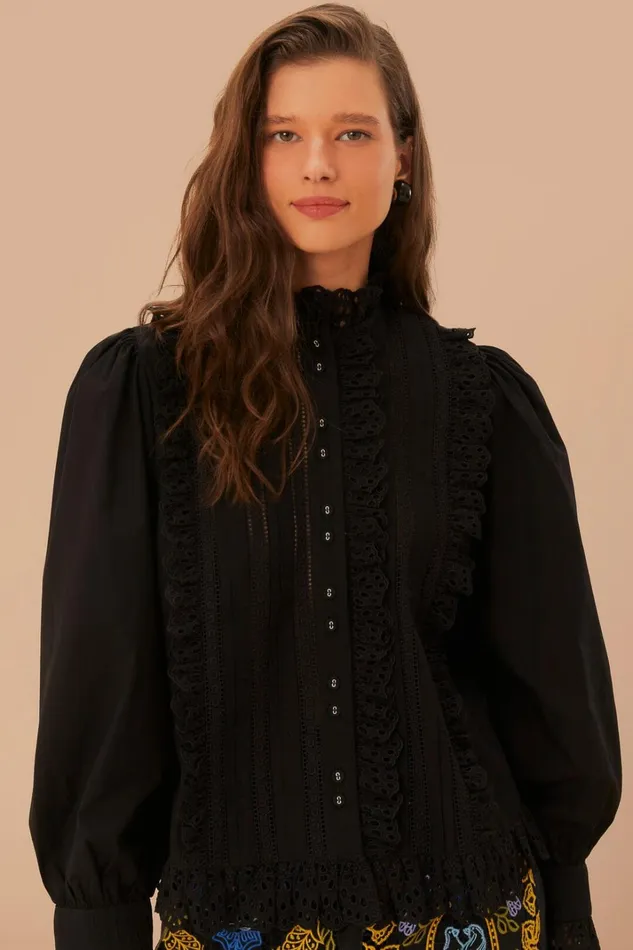 Women Black Lace And Pleat Blouse Black FARM Rio Blouses