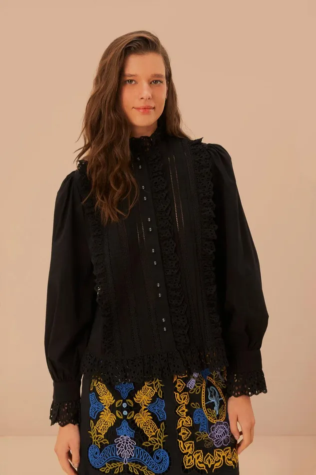 Women Black Lace And Pleat Blouse Black FARM Rio Blouses