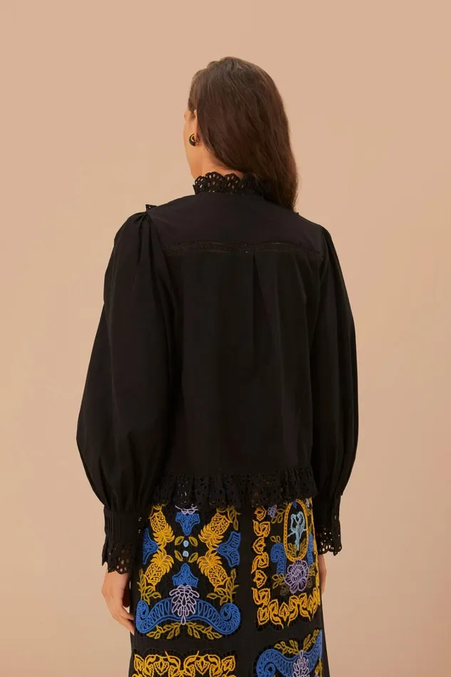 Women Black Lace And Pleat Blouse Black FARM Rio Blouses