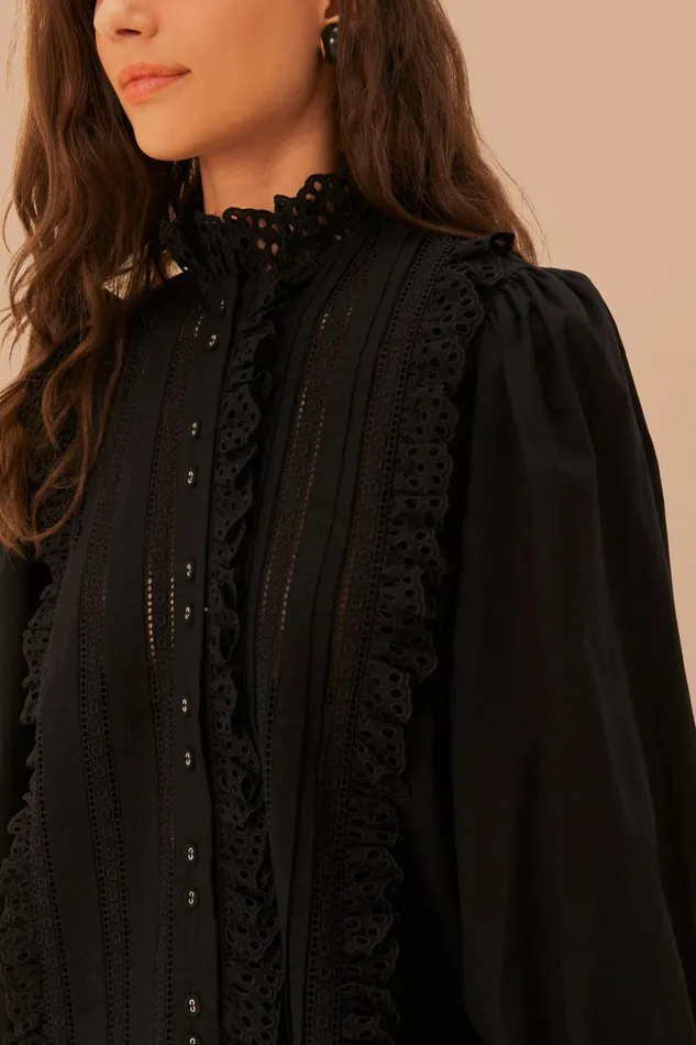 Women Black Lace And Pleat Blouse Black FARM Rio Blouses