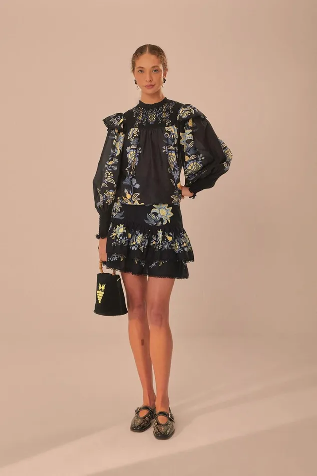 Women Black Stitched Garden Mini Skirt Stitched Garden Black FARM Rio Skirts