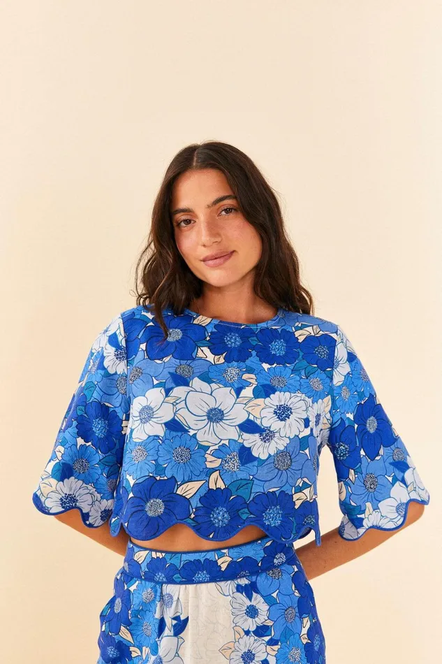 Women Blue Flower Stripes Crop Top Flower Stripes Offwhite FARM Rio Crop Tops