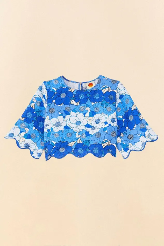 Women Blue Flower Stripes Crop Top Flower Stripes Offwhite FARM Rio Crop Tops