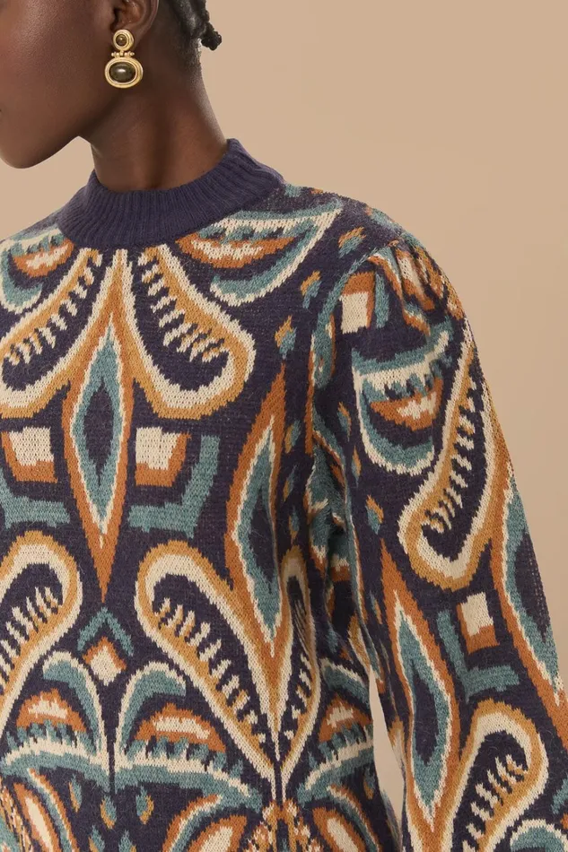 Women Blue Pineapple Ikat Sweater Dress Pineapple Ikat Blue FARM Rio Sweaters and Sweatshirts