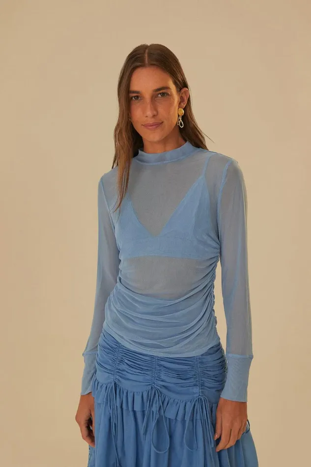 Women Blue Tulle Long Sleeved Blouse Blue FARM Rio Blouses