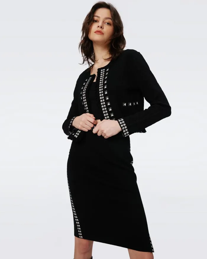 Women Brogan Knit Jacquard Cardigan Black And Stud DVF Sweaters and Knits