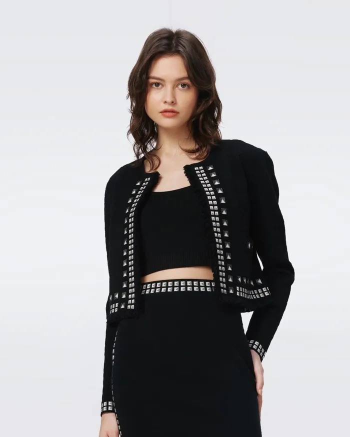 Women Brogan Knit Jacquard Cardigan Black And Stud DVF Sweaters and Knits