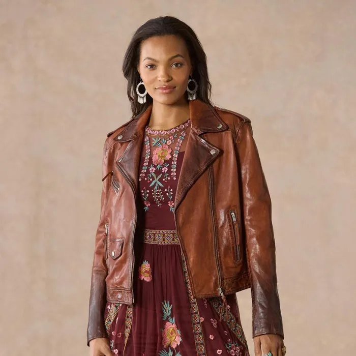 Women Brooks Moto Jacket Vintage Brown Sundance Catalog Jackets and Coats