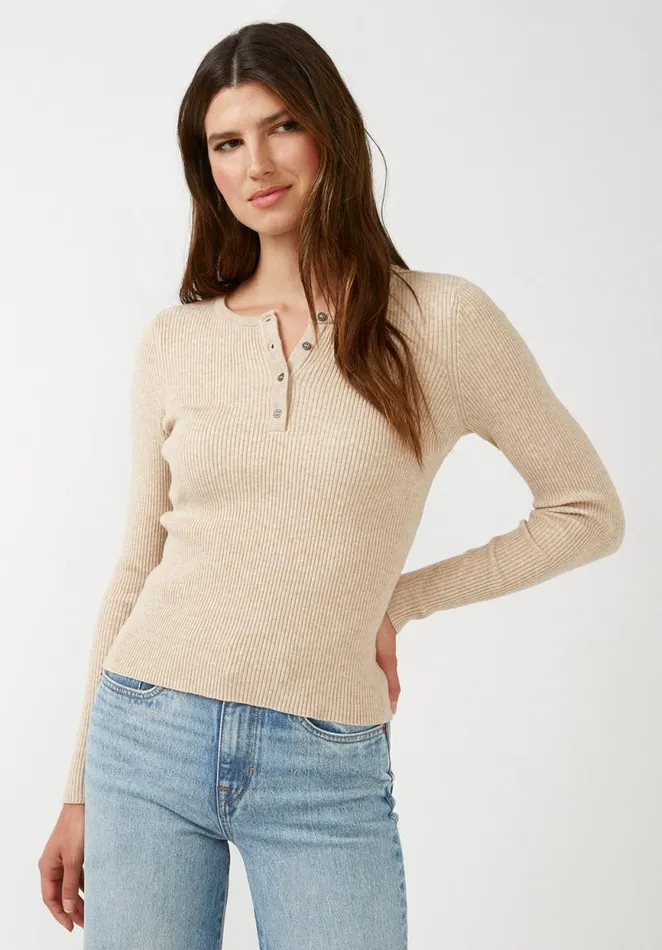 Women Collins Heather Oatmeal Women039s Long Sleeve Henley Heather Oatmeal Buffalo David Bitton Sweaters