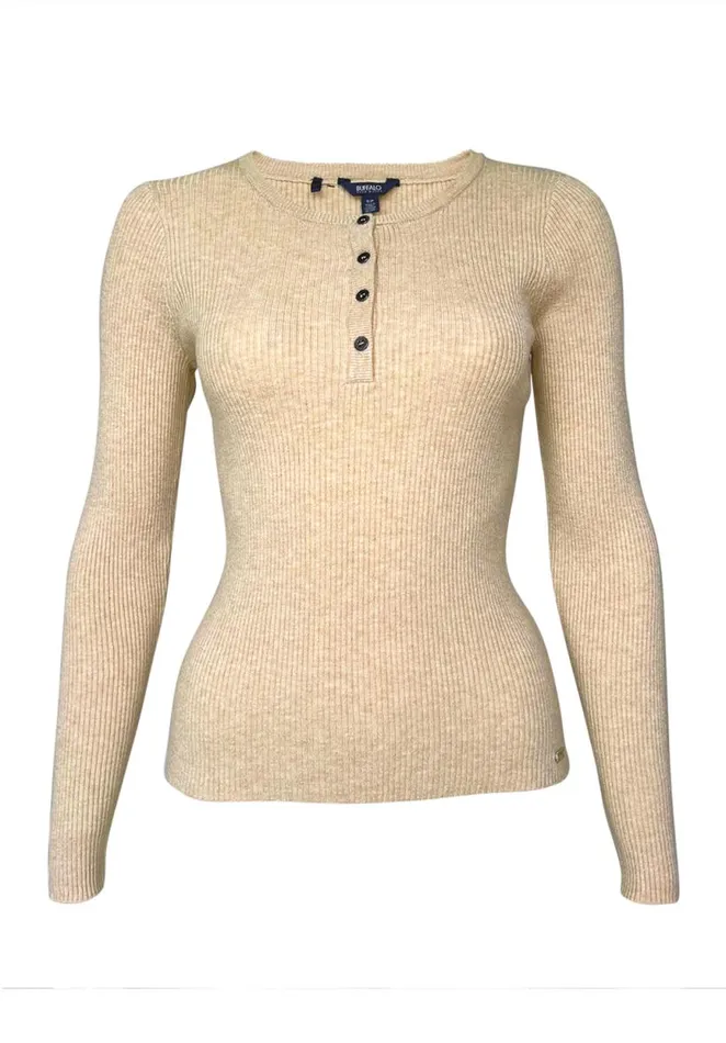 Women Collins Heather Oatmeal Women039s Long Sleeve Henley Heather Oatmeal Buffalo David Bitton Sweaters