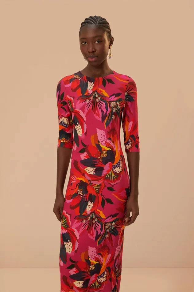 Women Colorful Flowers Jersey Midi Dress Colorful Flowers FARM Rio Midi Dresses