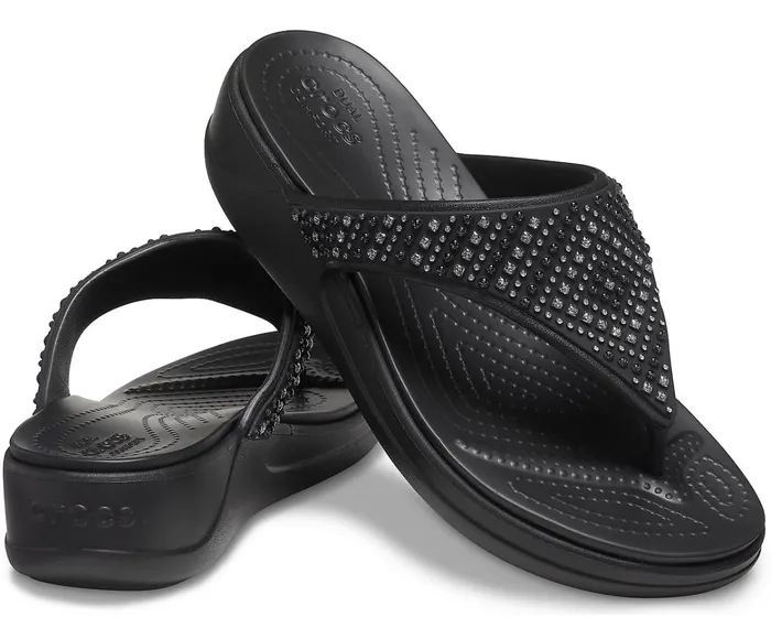 Women Crocs Monterey Shimmer Wedge Flip Black Crocs Sandals
