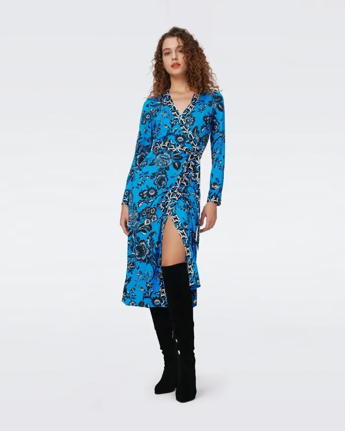 Women Danica Silk Jersey Wrap Dress Night Vine Blue And Huge Gig Tile Blue DVF Dresses
