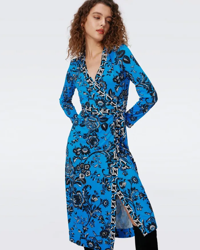 Women Danica Silk Jersey Wrap Dress Night Vine Blue And Huge Gig Tile Blue DVF Dresses