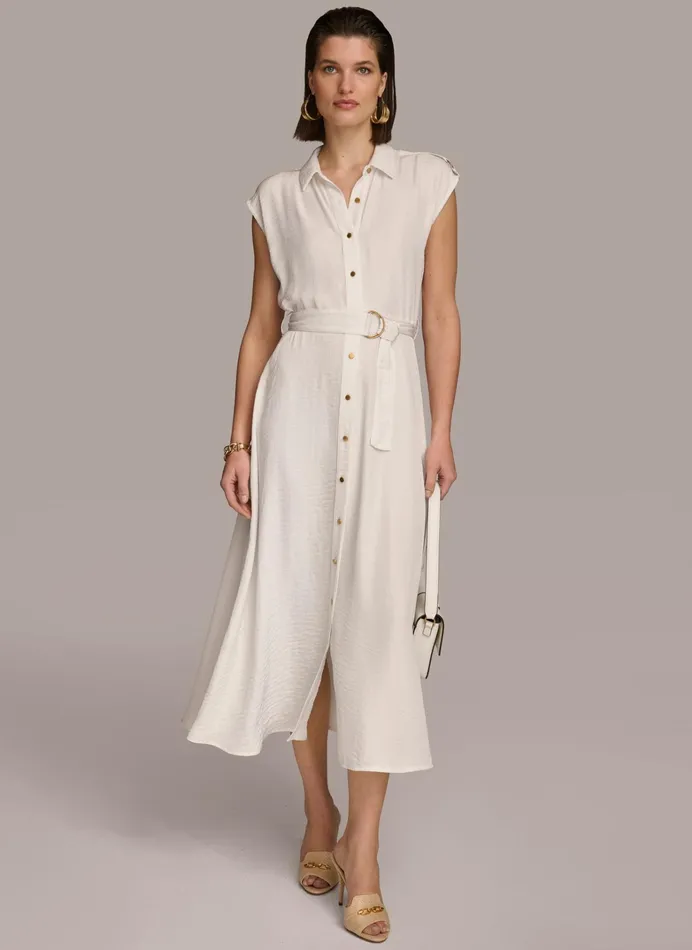 Women Dresses And Jumpsuits Donna Karan BUTTON FRONT BELTED DRESS Cream