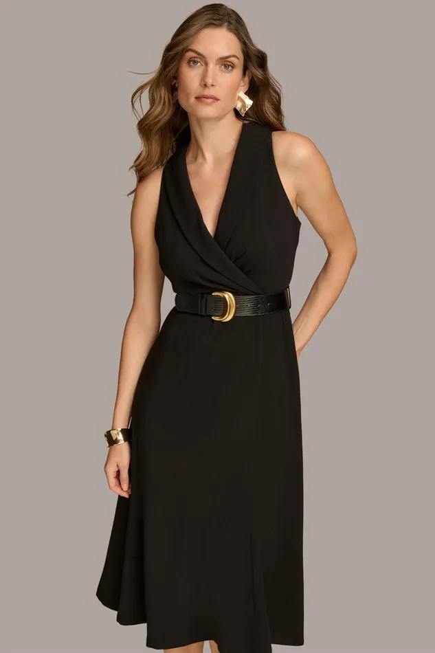 Women Dresses And Jumpsuits Donna Karan CREPE FIT AND FLARE DRESS WITH BELT Black