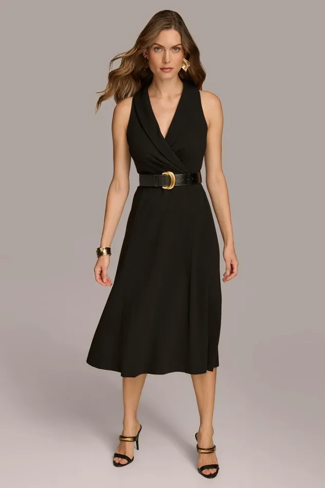 Women Dresses And Jumpsuits Donna Karan CREPE FIT AND FLARE DRESS WITH BELT Black