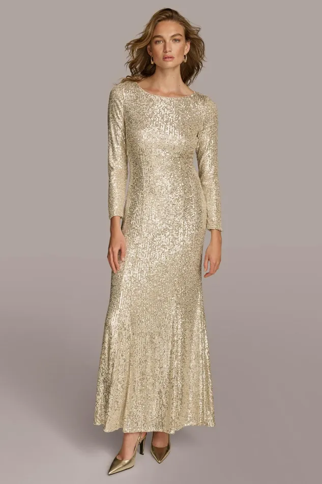 Women Dresses And Jumpsuits Donna Karan SEQUIN BOAT NECK GOWN Canvassilver