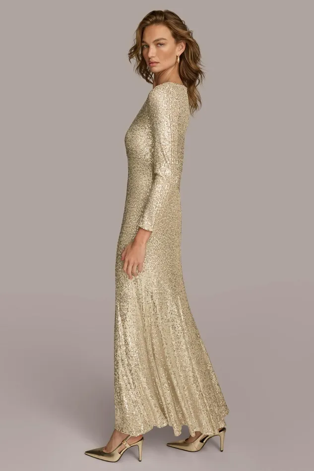 Women Dresses And Jumpsuits Donna Karan SEQUIN BOAT NECK GOWN Canvassilver