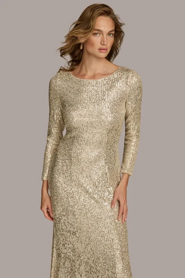 Women Dresses And Jumpsuits Donna Karan SEQUIN BOAT NECK GOWN Canvassilver