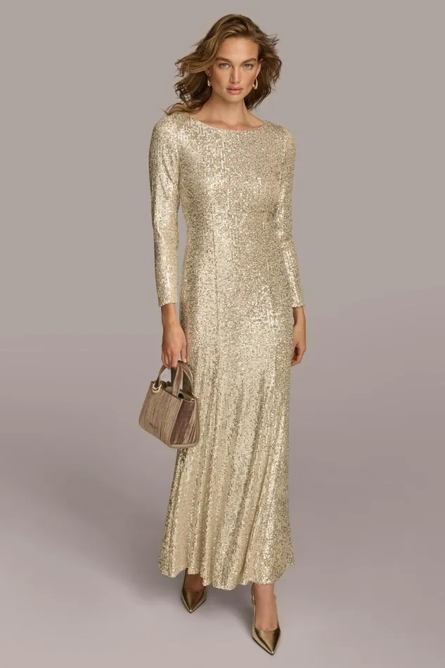 Women Dresses And Jumpsuits Donna Karan SEQUIN BOAT NECK GOWN Canvassilver
