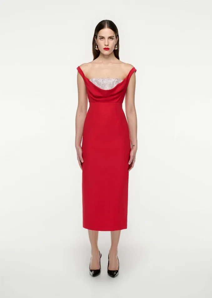 Women Dresses Roland Mouret Off Shoulder Silk Wool Diamante Midi Dress