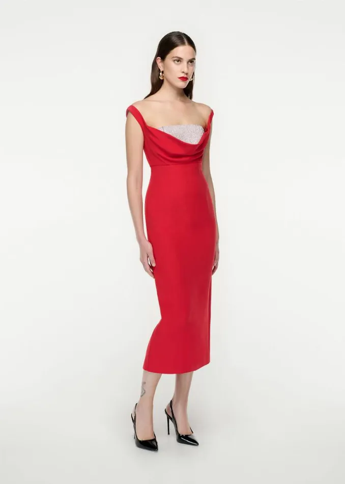 Women Dresses Roland Mouret Off Shoulder Silk Wool Diamante Midi Dress