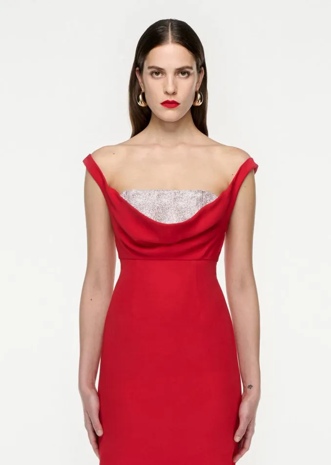 Women Dresses Roland Mouret Off Shoulder Silk Wool Diamante Midi Dress