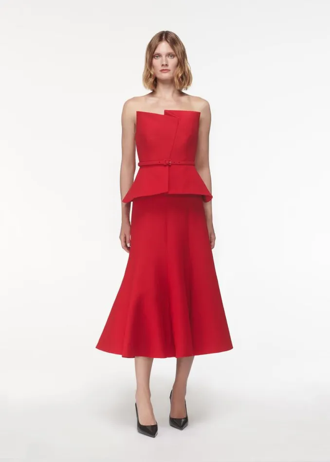 Women Dresses Roland Mouret Strapless Wool Silk Peplum Midi Dress