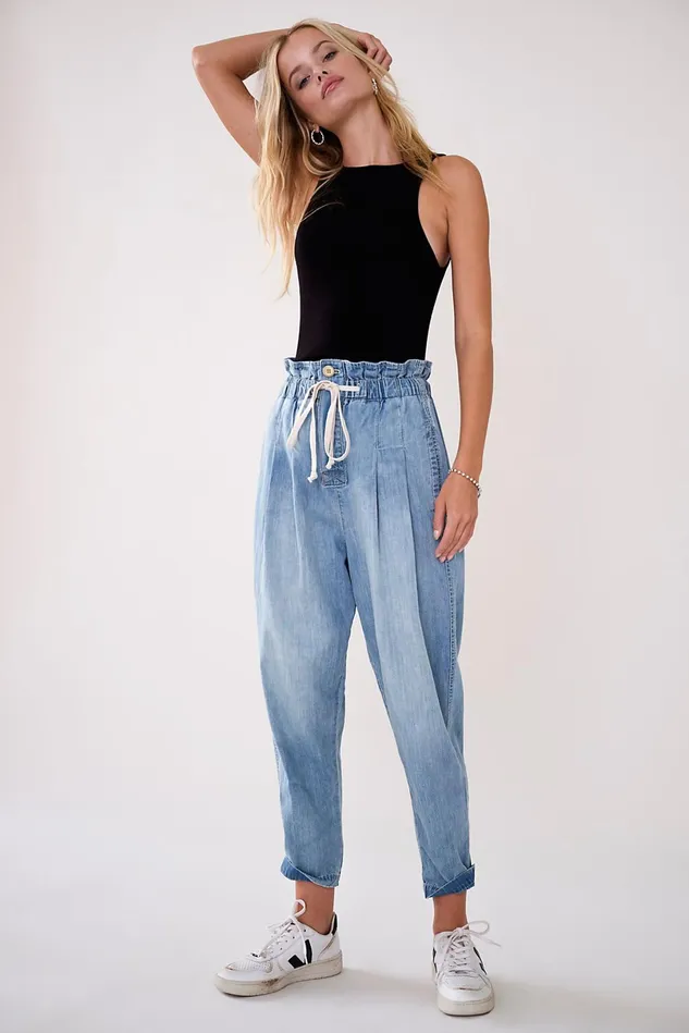 Women HighRise Jeans Free People Margate Pleated Denim Trouser Seaside Blue
