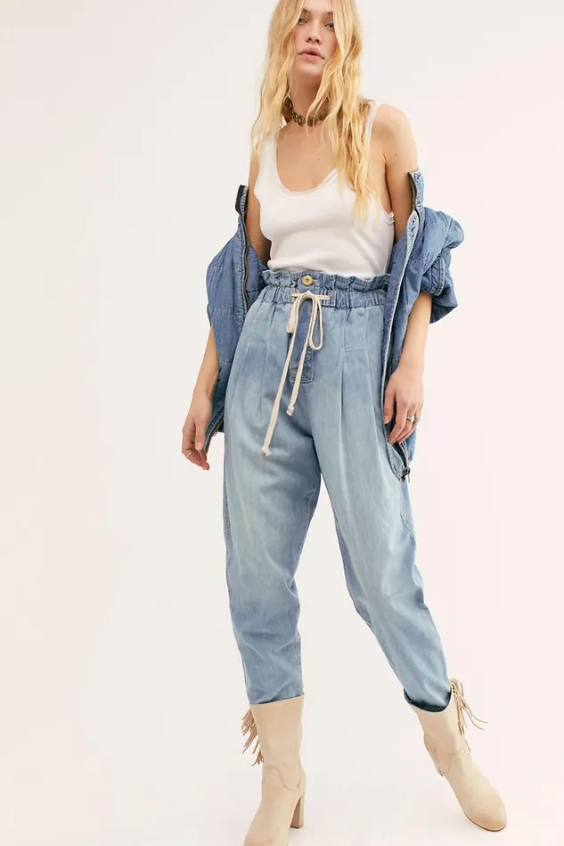 Women HighRise Jeans Free People Margate Pleated Denim Trouser Seaside Blue