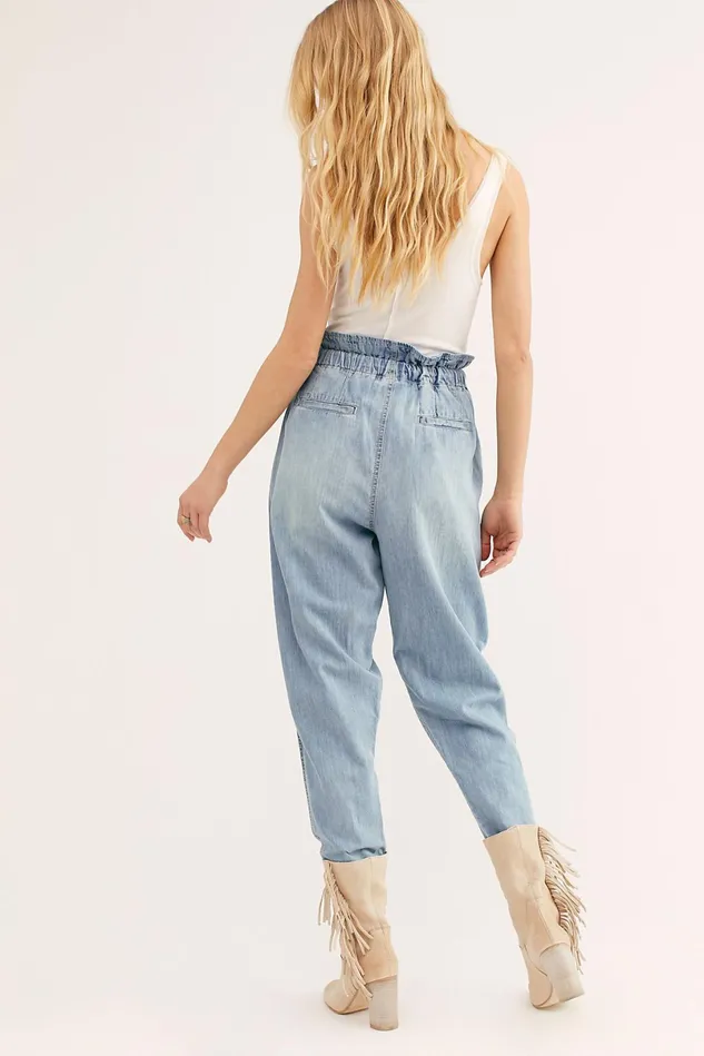 Women HighRise Jeans Free People Margate Pleated Denim Trouser Seaside Blue