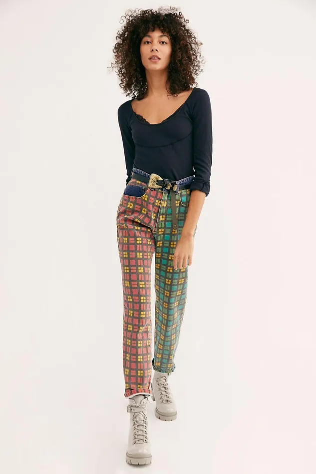 Women HighRise Jeans Free People The Ragged Priest Mix Check Mom Jeans Plaid